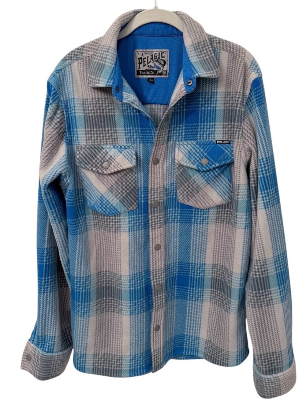 Pelagic Men’s  Fleece Flannel EUC Blue and Gray Plaid Shacket Shirt Size L